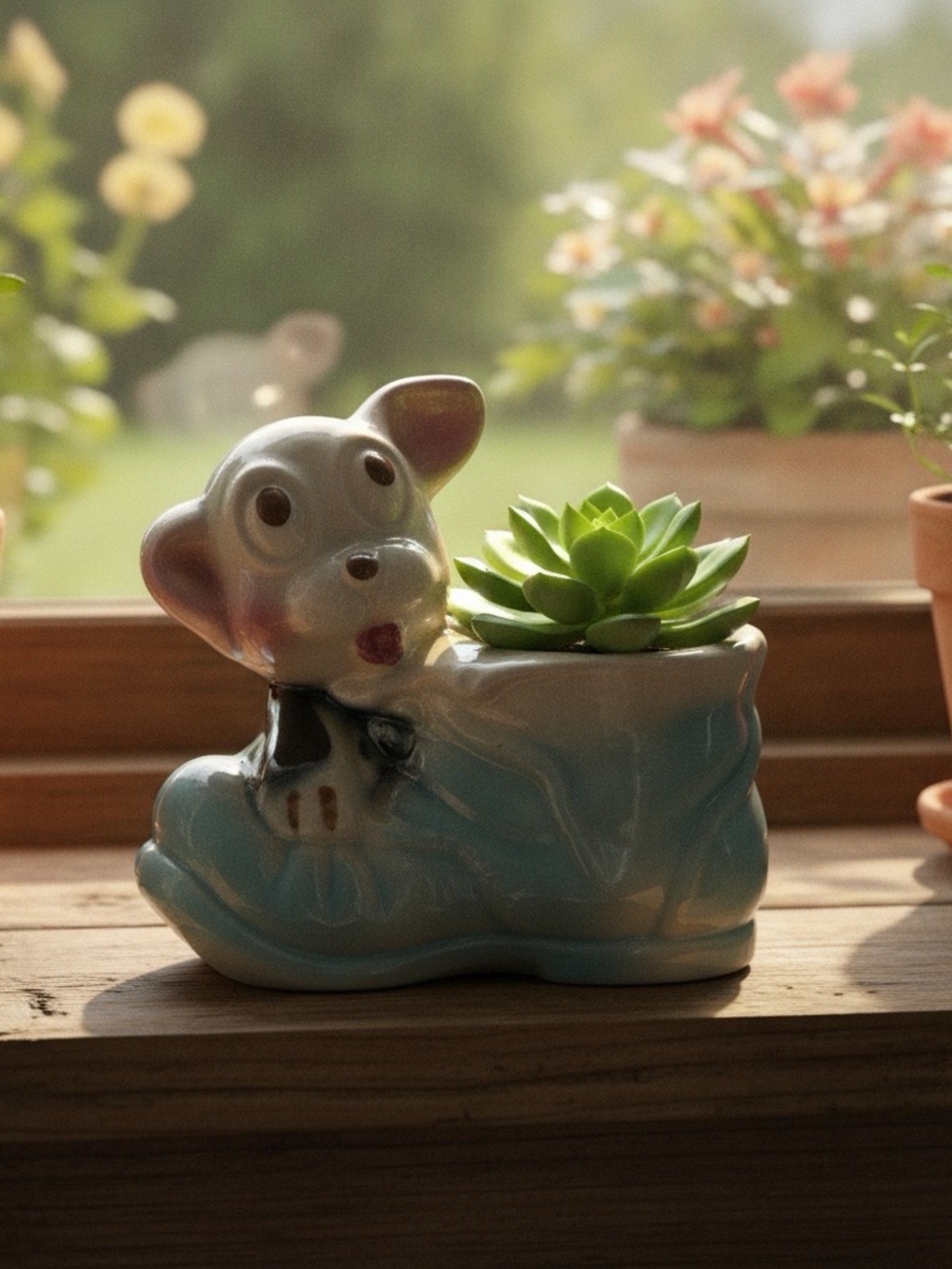 Vintage puppy dog on shoe porcelain planter 5” great for succulent or cactus